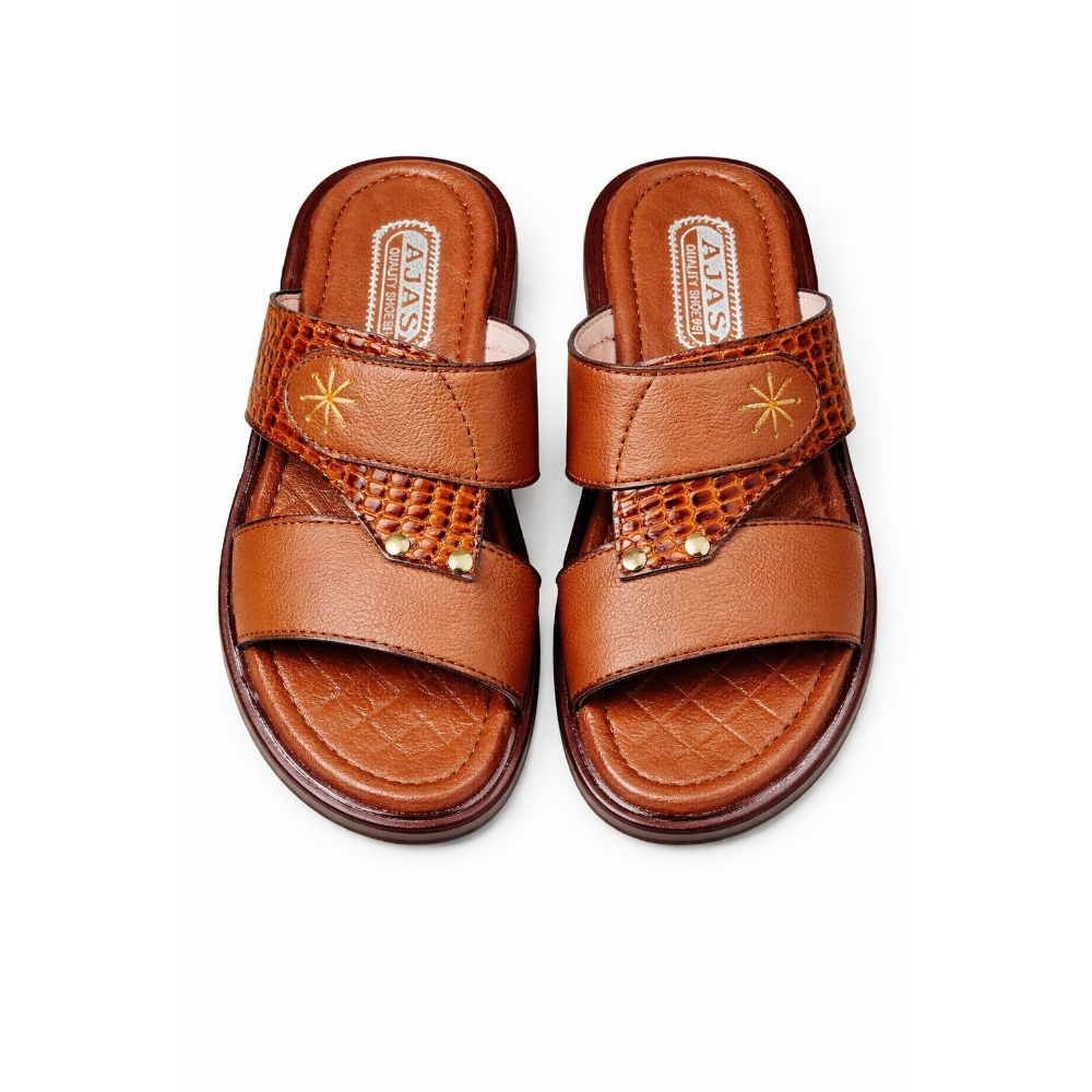 Mens Brown Leather Double Strap Slide Sandal